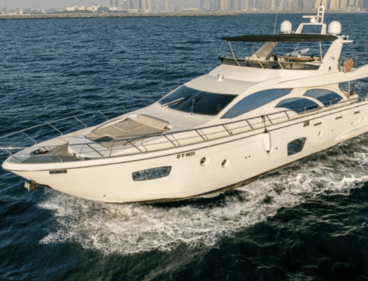 Elite Diamond Sydney 85 luxury yacht cruising off the coast of Dubai, perfect for hosting up to 40 guests.